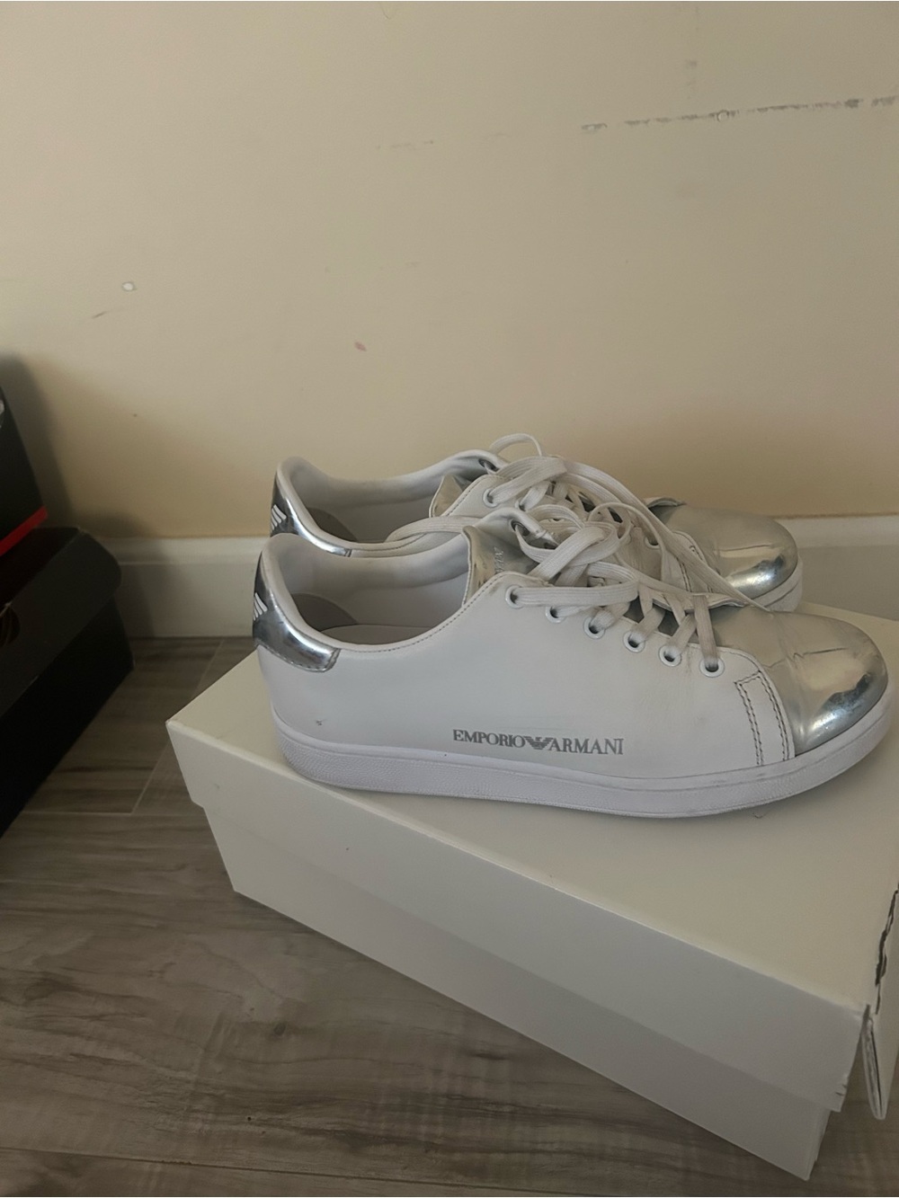 Final Sale Emporio Armani White Sneakers with Silver Toe and Heel Detail